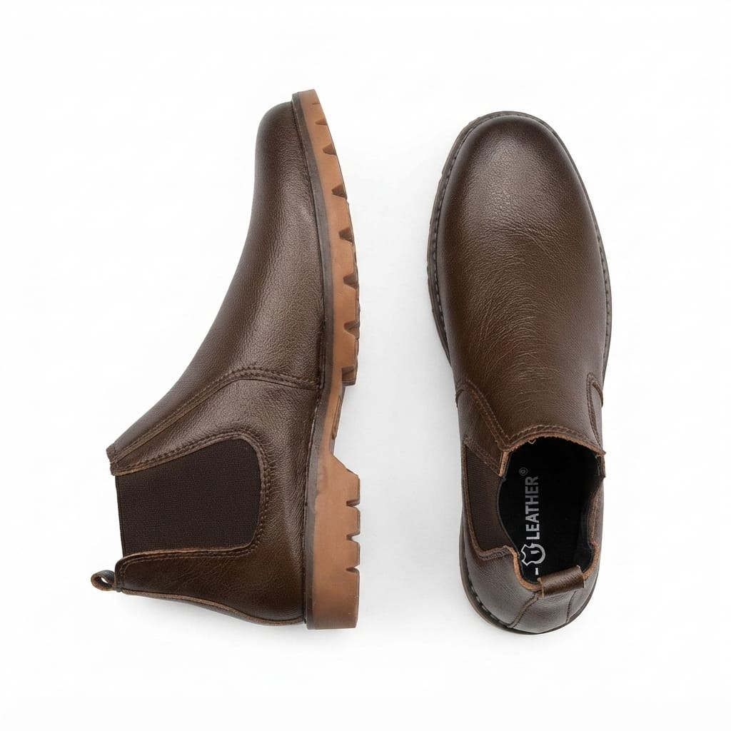 Classic Chelsea Boots – Genuine Leather, Pull-Tab, Rugged Lug Sole (Brown)