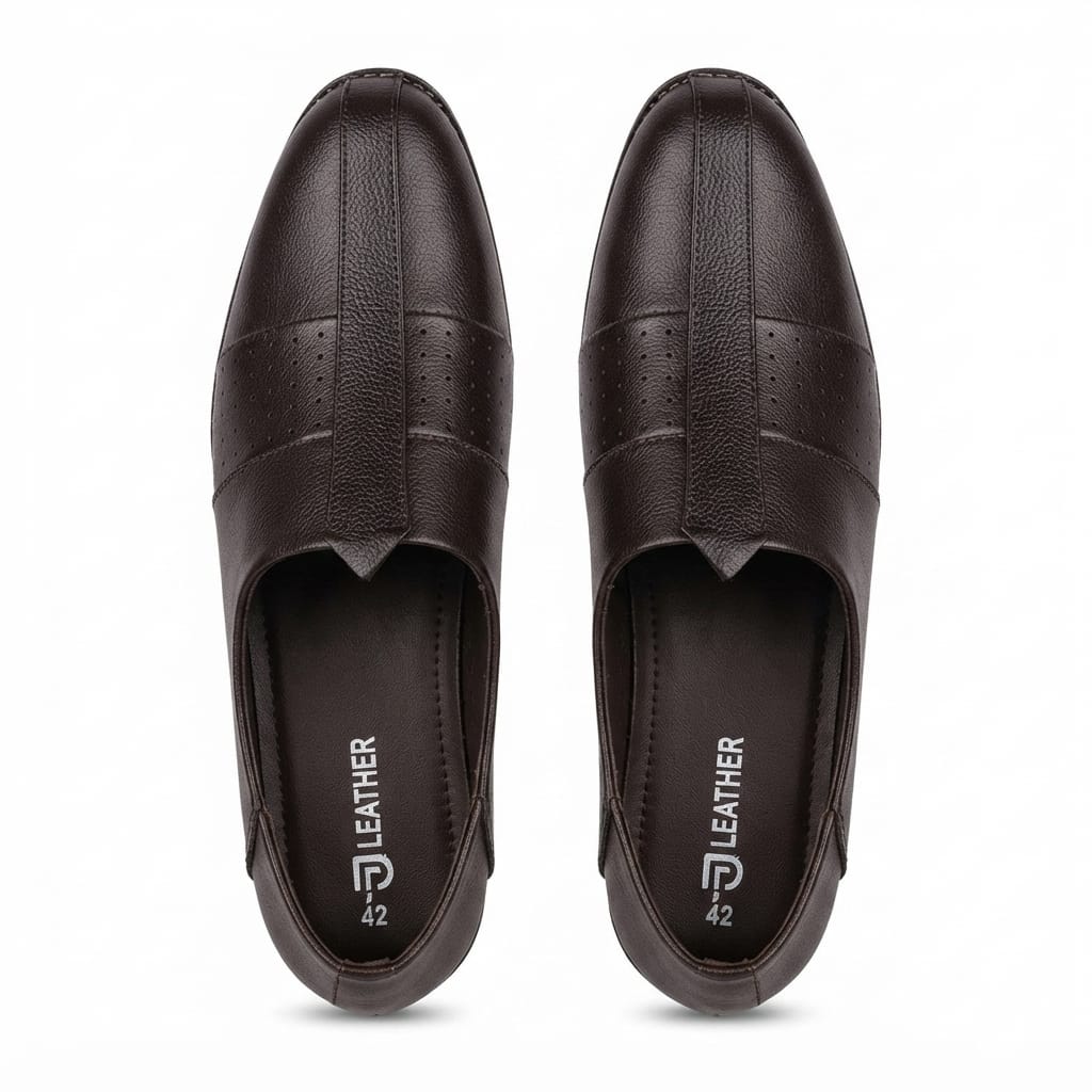 Men's Dark Brown Genuine Leather Slip-On Loafers – Round Toe Casual Shoes with Perforated Detail