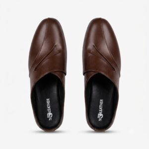Men's Brown Genuine Leather Half Mules – Backless Slip-On Penny Loafer Style Slippers