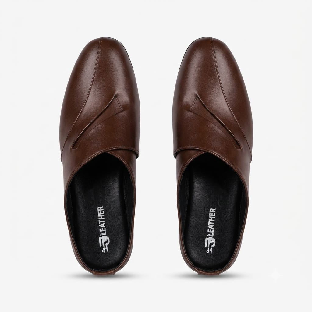 Men's Brown Genuine Leather Half Mules – Backless Slip-On Penny Loafer Style Slippers