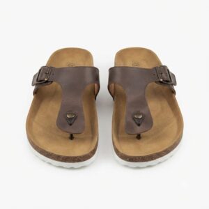 Men's Brown T-Strap Cork Sole Sandals – Adjustable Buckle Thong Slippers with Contoured Footbed