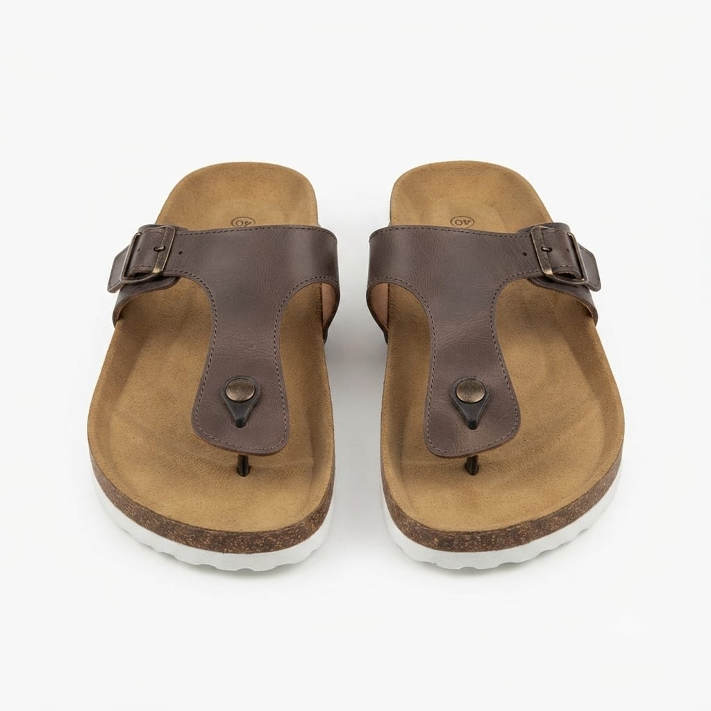Men's Brown T-Strap Cork Sole Sandals – Adjustable Buckle Thong Slippers with Contoured Footbed Men's Brown T-Strap Cork Sole Sandals – Adjustable Buckle Thong Slippers with Contoured Footbed