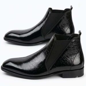Men’s Black Snake-Print Genuine Leather Chelsea Boots – Zip-Up Formal Ankle Boots with Elastic Side Panel