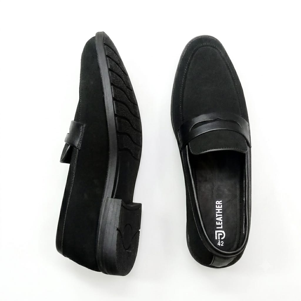 Men's Black Suede Leather Penny Loafers – Classic Slip-On Formal Casual Shoes with Leather Strap
