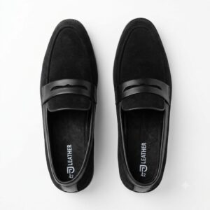 Men's Black Suede Leather Penny Loafers – Classic Slip-On Formal Casual Shoes with Leather Strap