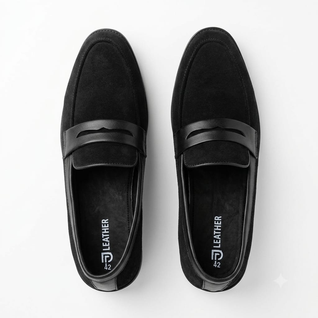 Men's Black Suede Penny Loafers Men's Black Suede Leather Penny Loafers – Classic Slip-On Formal Casual Shoes with Leather Strap