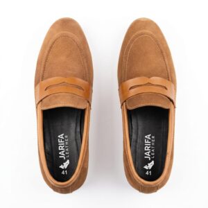 Men's Tan Suede Leather Penny Loafers – Classic Slip-On Casual Shoes with Leather Trim