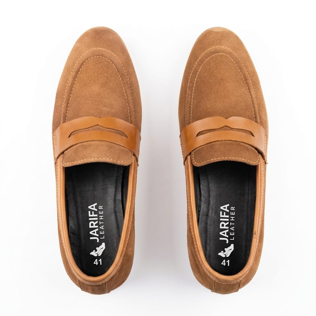 Men's Tan Suede Leather Penny Loafers – Classic Slip-On Casual Shoes with Leather Trim Men's Tan Suede Leather Penny Loafers – Classic Slip-On Casual Shoes with Leather Trim