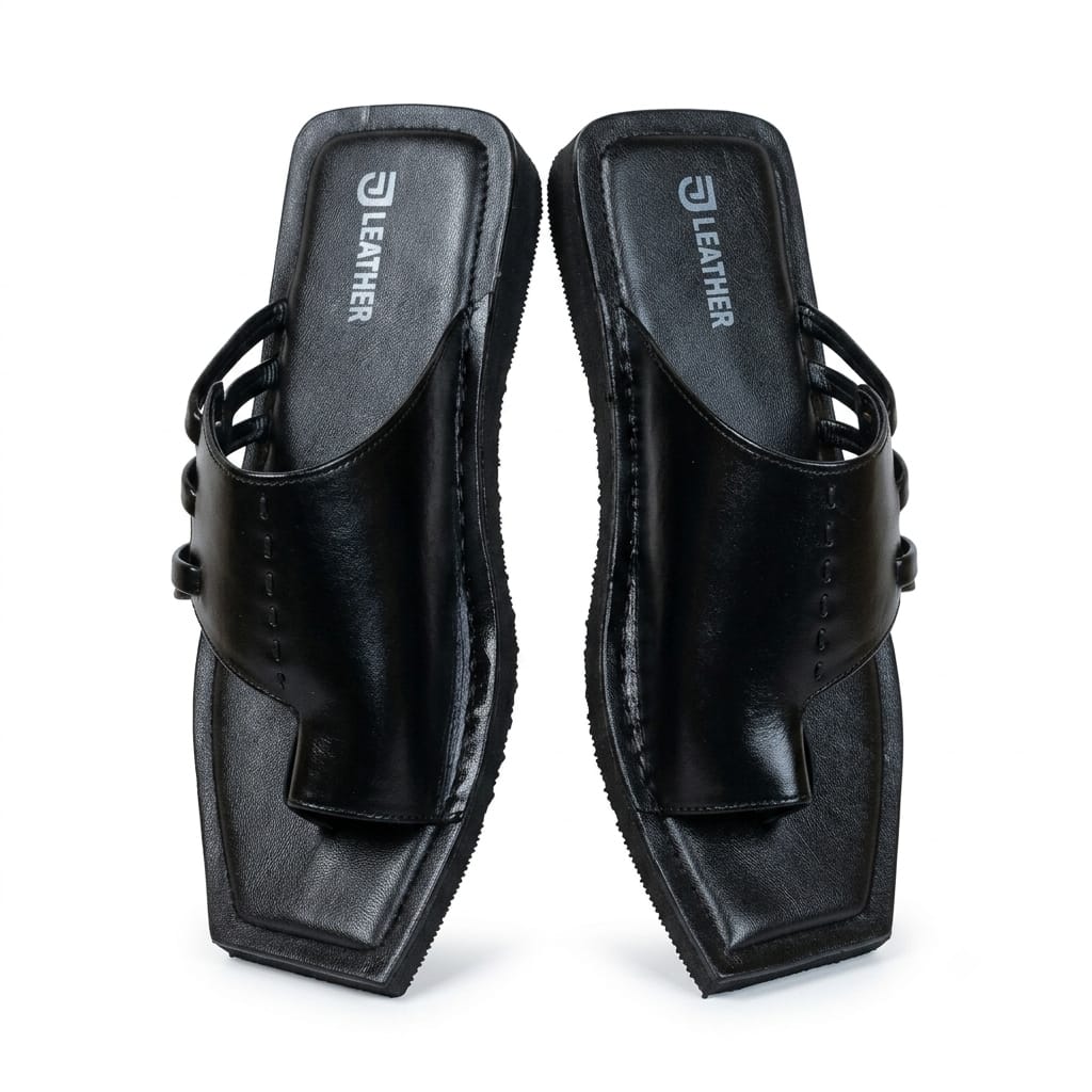 Men's Black Leather Buckle Slide Sandals