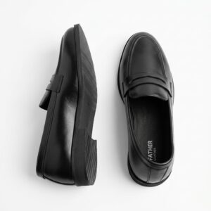 Men's Black Genuine Leather Oversized Sole Penny Loafers