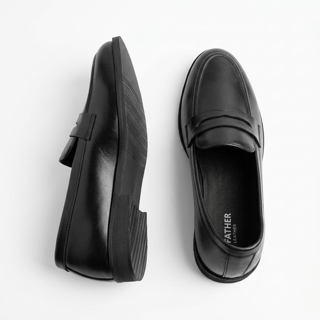 Men's Black Genuine Leather Oversized Sole Penny Loafers Men's Black Genuine Leather Oversized Sole Penny Loafers