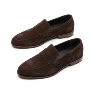 Men’s Dark Brown Black Suede Penny Loafers with Rubber-Grip Sole