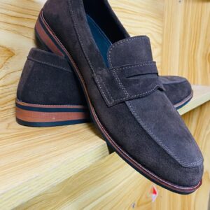 Men’s Dark Brown Black Suede Penny Loafers with Rubber-Grip Sole