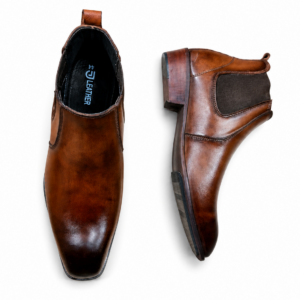 Pair of men's tan brown burnished leather Chelsea boots with stacked heel
