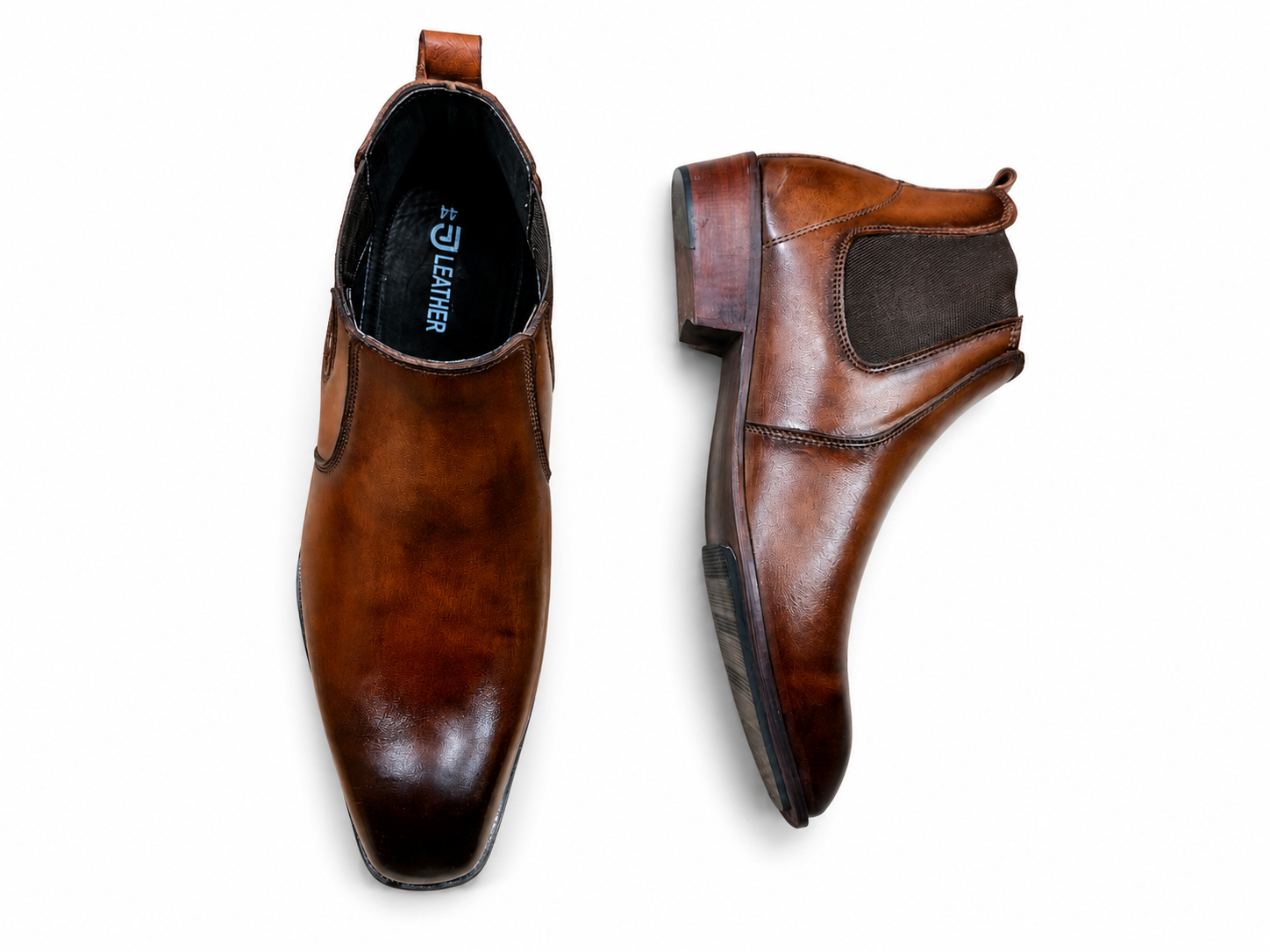 Pair of men's tan brown burnished leather Chelsea boots with stacked heel