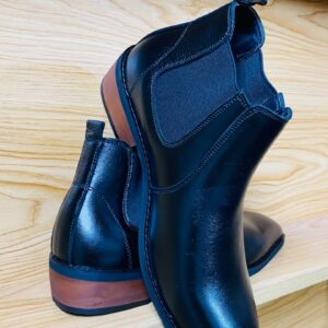 Black Genuine Cow Leather Chelsea Boots with Contrast Tan Heel