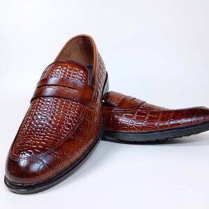 Genuine Crocodile-Textured Leather Penny Loafers – Tan Brown Formal Shoes for Men